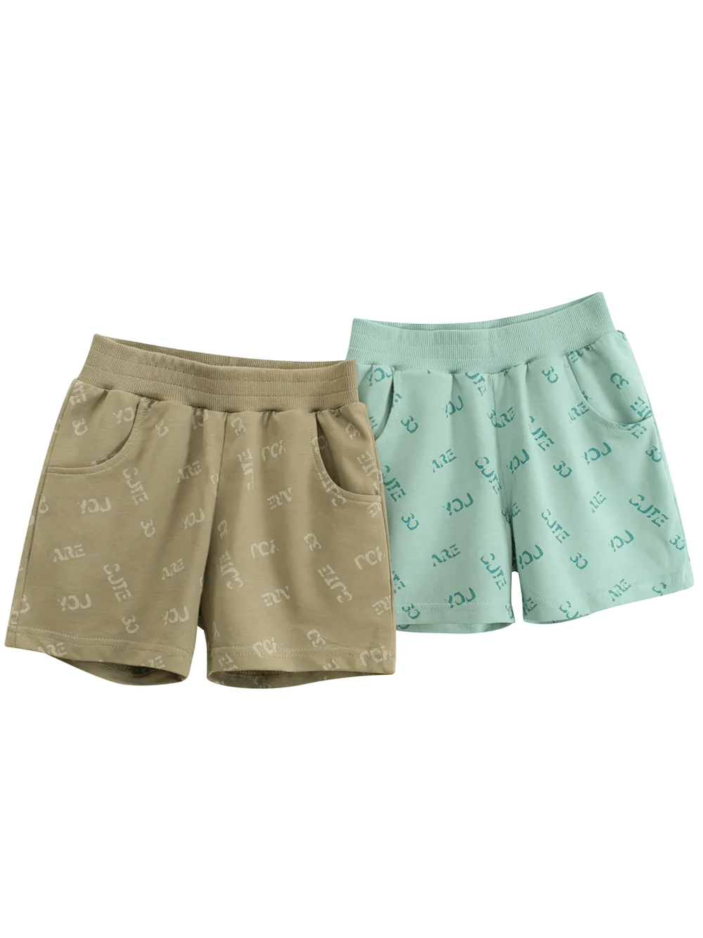 Kids' Cute Print Soft Knit Shorts for Sport - SF3786 in beige and mint with elastic waistband and playful graphics