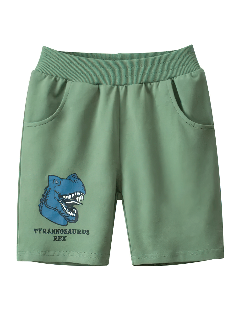 Kids Dino Graphic Shorts for Active Boys - SF3787 with T-Rex print, elastic waist, pockets, green color, ideal for casual play.