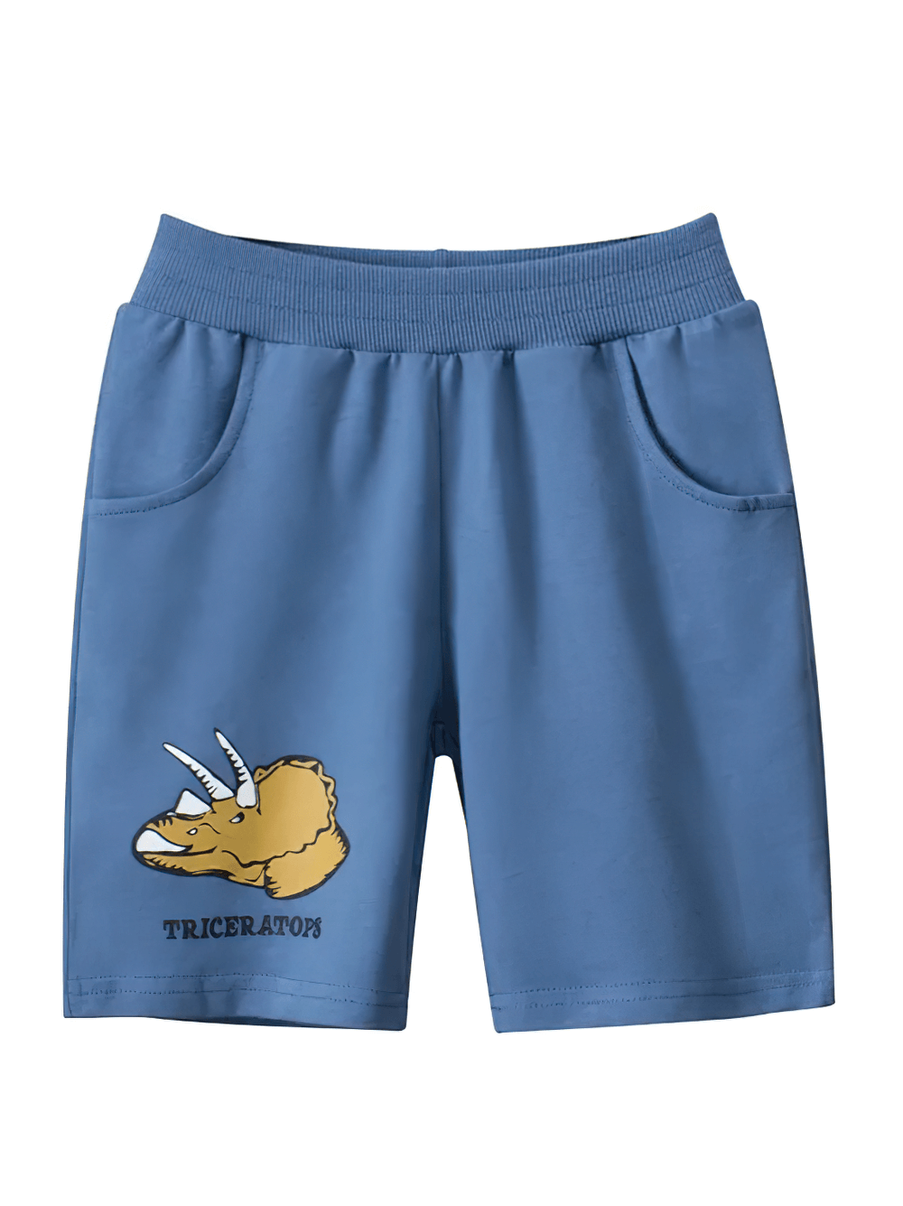 Blue Kids Dino Graphic Shorts for Active Boys - SF3787 featuring triceratops design, pockets, elastic waist for comfort and style.