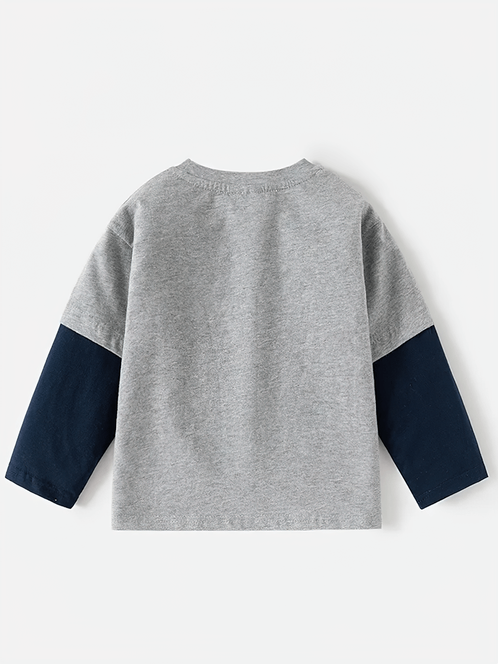 Back view of Kids Dinosaur Fake Two Piece Long Sleeve Top - SF3968 with layered look and navy sleeves for toddler outfits.