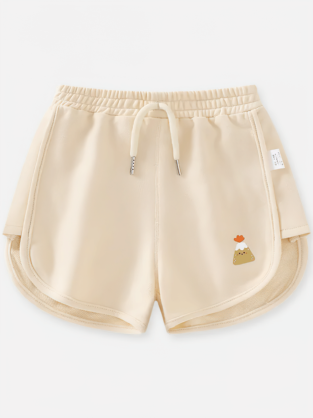 Cute beige Kids Drawstring Shorts with Fun Animal Designs - SF3821 featuring a volcano embroidery for playful casual wear.