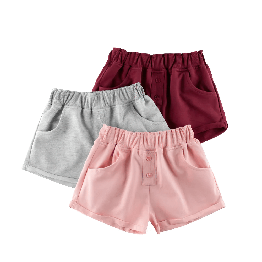 Kids Drawstring Shorts with Pockets and Buttons - SF3791 in pink, grey, and burgundy with button details and side pockets.