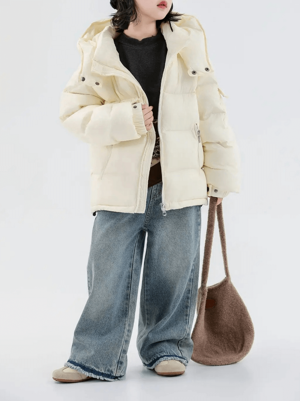 Child wearing Kids Duck Down Jacket with Hood and Zipper - SF3515, cream color, stylish thick puffer coat, perfect for winter.