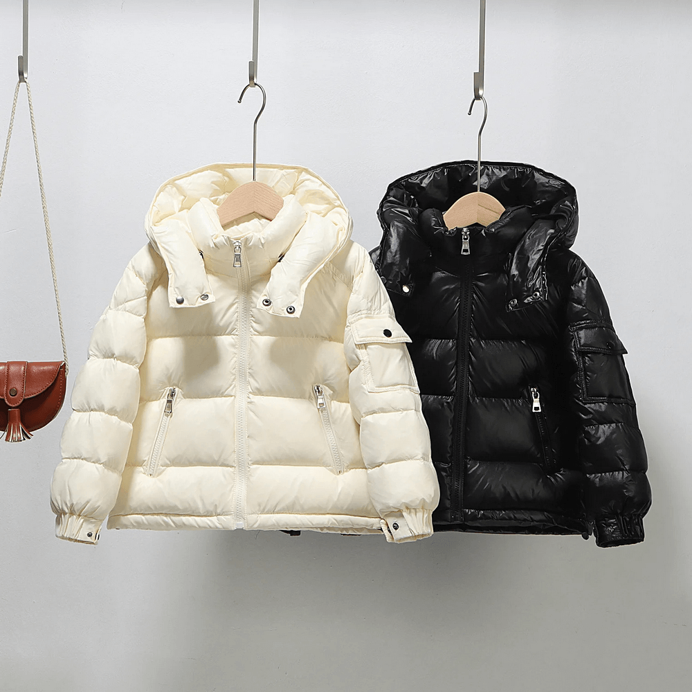 Kids Duck Down Jacket with Hood and Zipper - SF3515 in cream and black colors, showcasing warm and stylish winter puffer coats for girls.