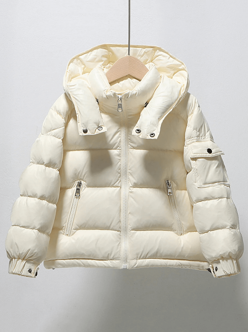 Kids Duck Down Jacket with Hood and Zipper - SF3515 in cream color, featuring warm insulation and windproof hood for girls.