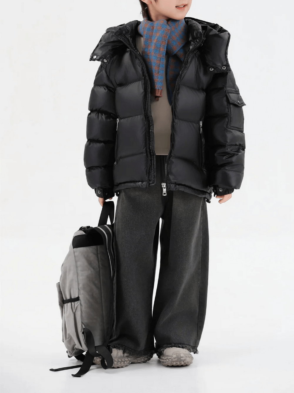 Fashionable winter outfit with Kids Duck Down Jacket with Hood and Zipper - SF3515, perfect for cold weather adventures.