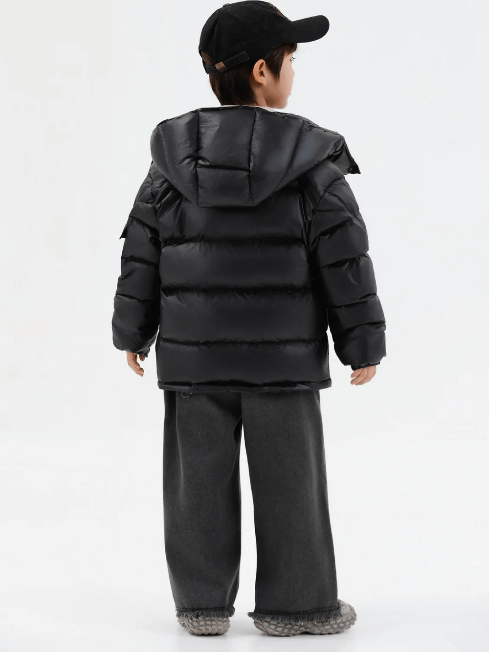 Back view of child in Kids Duck Down Jacket with Hood and Zipper - SF3515, black color, perfect winter outerwear for warmth and style.