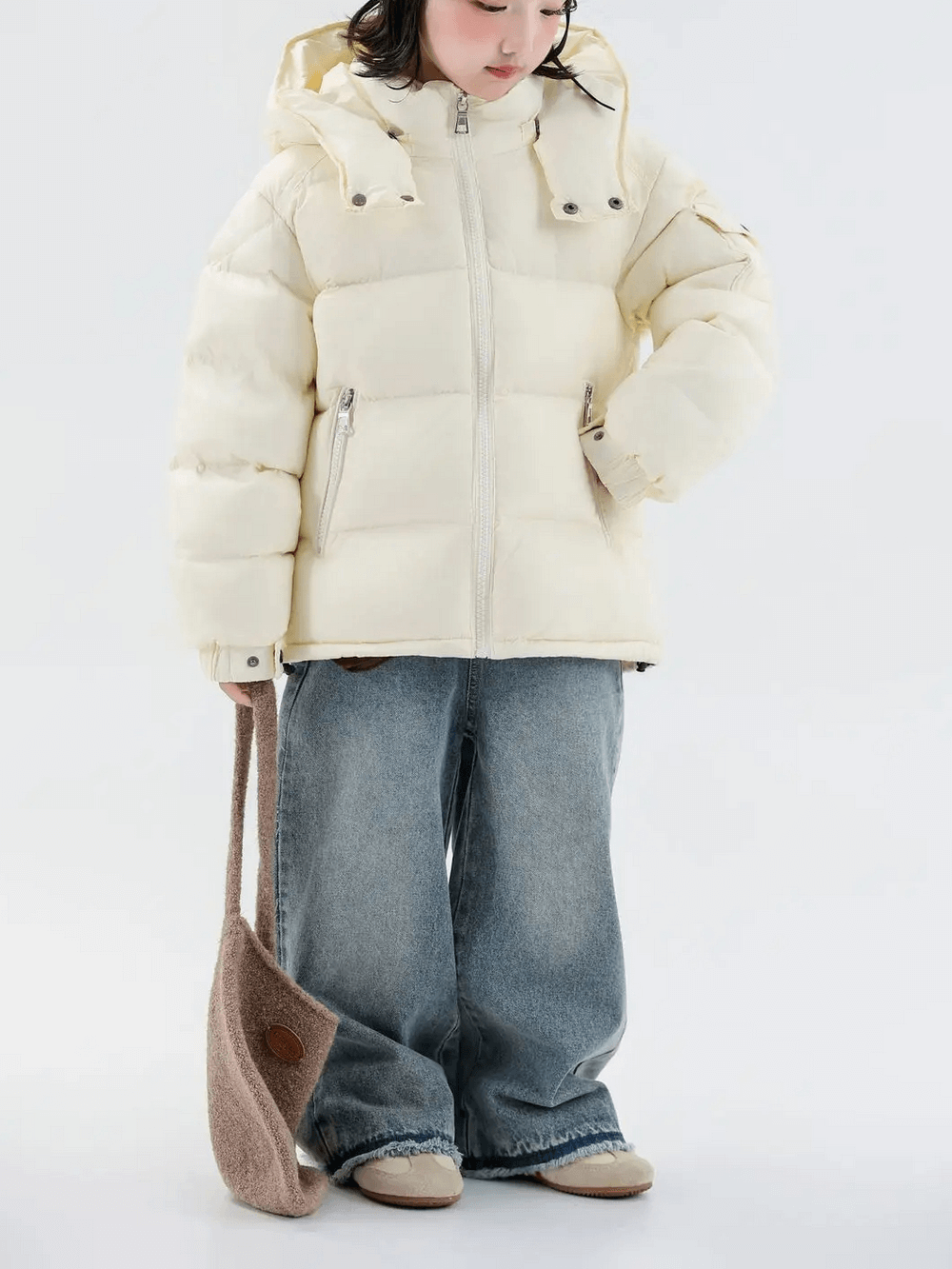 Child wearing Kids Duck Down Jacket with Hood and Zipper - SF3515 in white, showcasing stylish warmth in winter attire