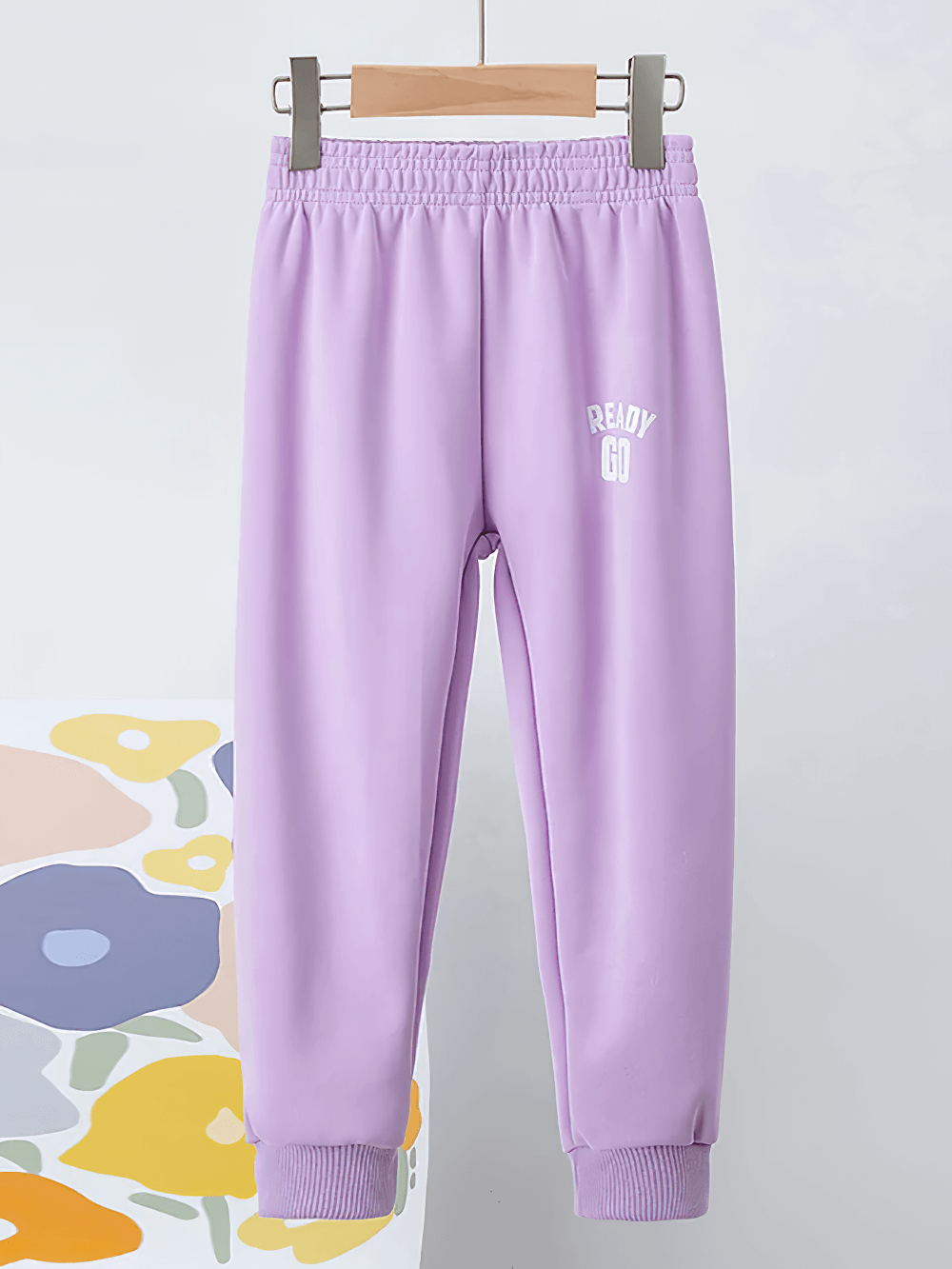 Kids Elastic Ankle Sport Pants Ready Go Print - SF3880 in pastel purple with ribbed cuffs, designed for active play and comfort.