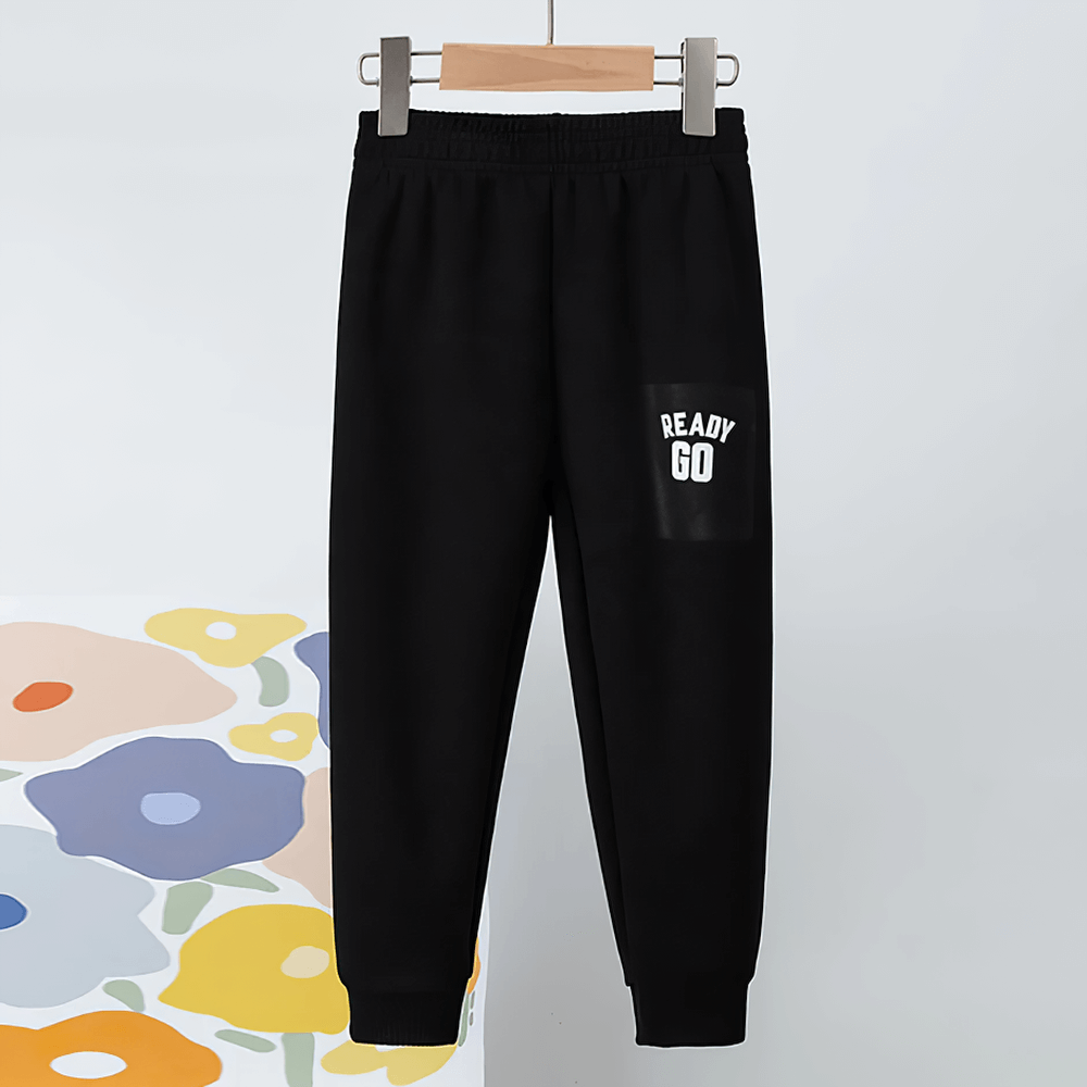 Kids Elastic Ankle Sport Pants Ready Go Print - SF3880 with elastic waist and ribbed cuffs for active kids' adventures.