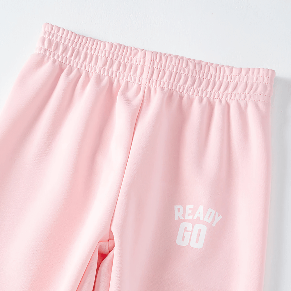 Kids Elastic Ankle Sport Pants Ready Go Print - SF3880 with pink color and elastic waist, ideal for active play and outdoor adventures.