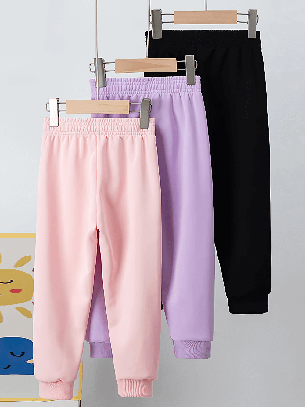 Kids Elastic Ankle Sport Pants Ready Go Print - SF3880 in pink, purple, and black with ribbed cuffs for active play.