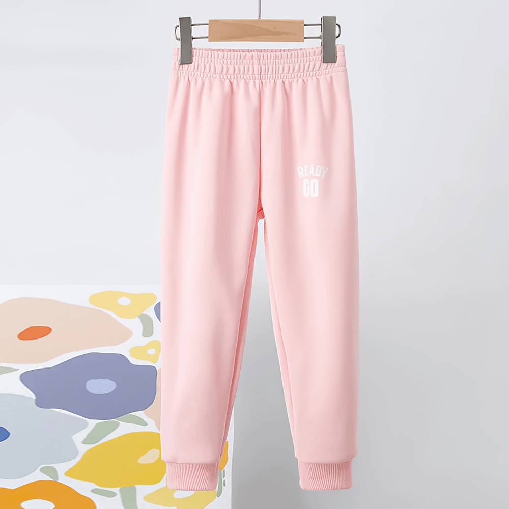 Kids Elastic Ankle Sport Pants Ready Go Print - SF3880 in pink, featuring elastic waist and ribbed cuffs for active play.
