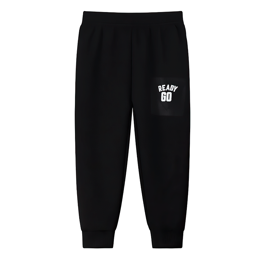 Kids Elastic Ankle Sport Pants Ready Go Print - SF3880 with ribbed cuffs, ideal for boys and girls, featuring sporty design in black.