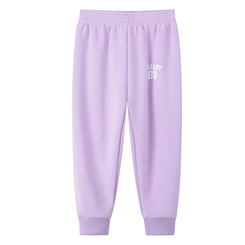 Kids Elastic Ankle Sport Pants Ready Go Print - SF3880 in purple with elastic waist and ribbed cuffs, ideal for active play and adventure.