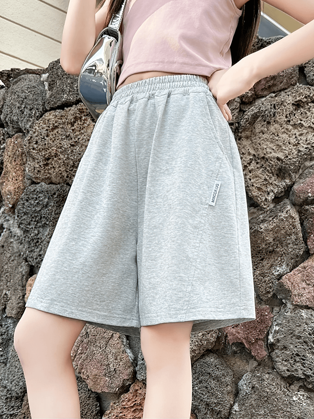 Kids Elastic Waist Loose Shorts with Pockets - SF3870 in light gray, perfect for play, school, and outdoor fun.