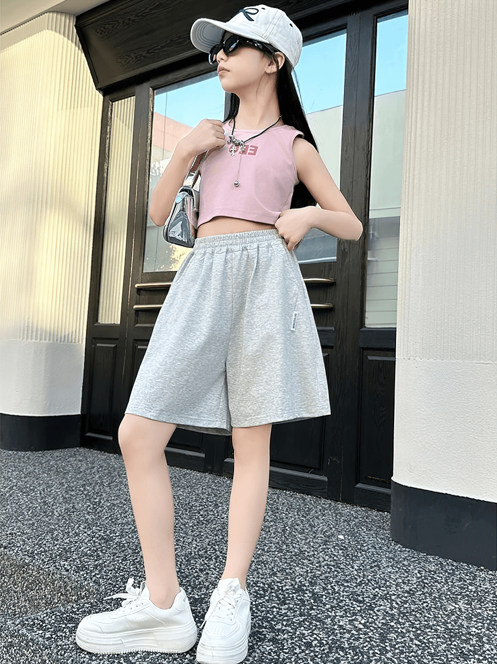 Kids Elastic Waist Loose Shorts with Pockets - SF3870, perfect for casual wear and outdoor play, shown in a stylish summer look.