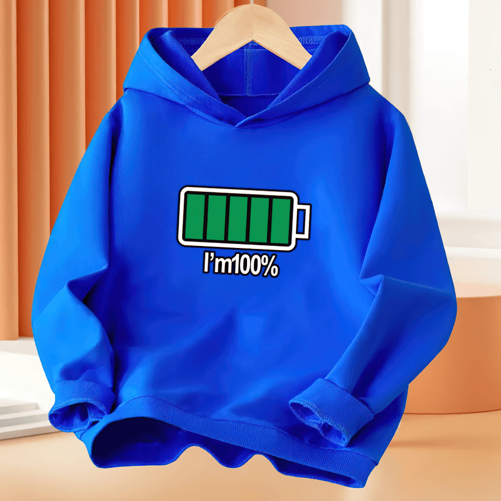 Kids' Fashion Hoodie With Full Battery Graphic - SF3816 featuring blue color and playful 'I'm 100%' energy print.