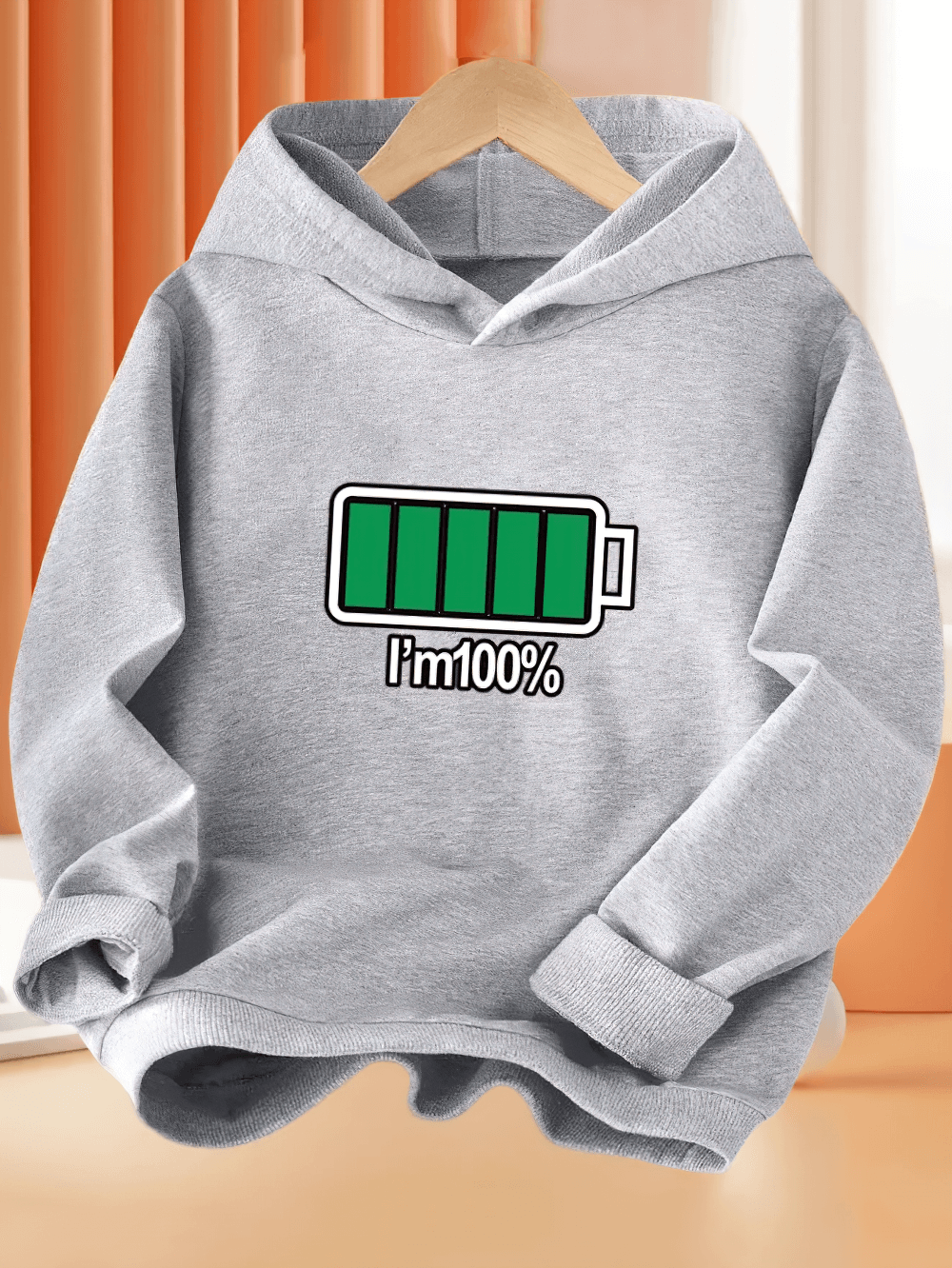 Kids' Fashion Hoodie With Full Battery Graphic - SF3816 featuring playful "I'm 100%" green energy design for kids' casual wear.