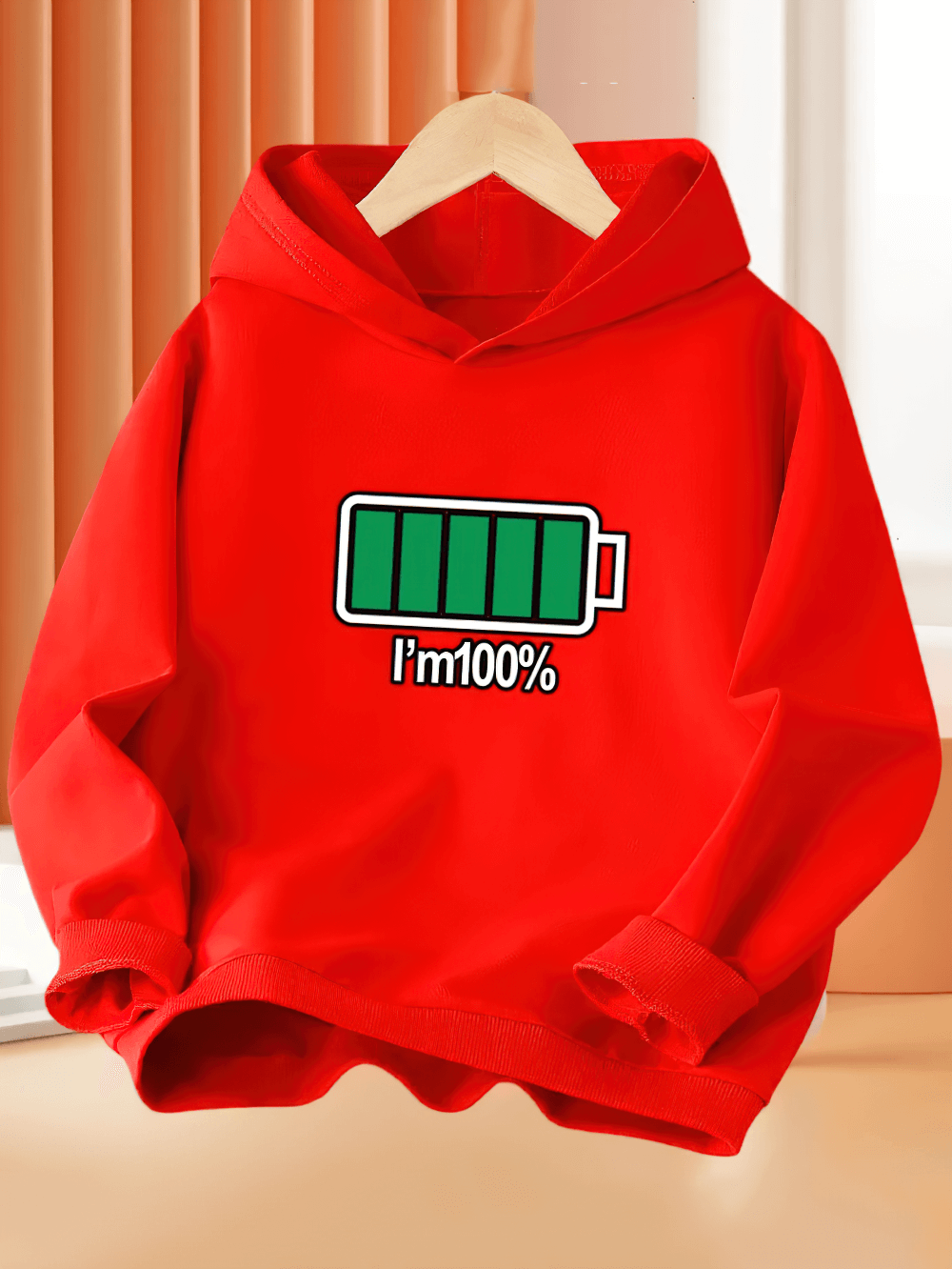 Kids' Fashion Hoodie With Full Battery Graphic - SF3816 in bright red, featuring 'I'm 100%' playful energy design for children.