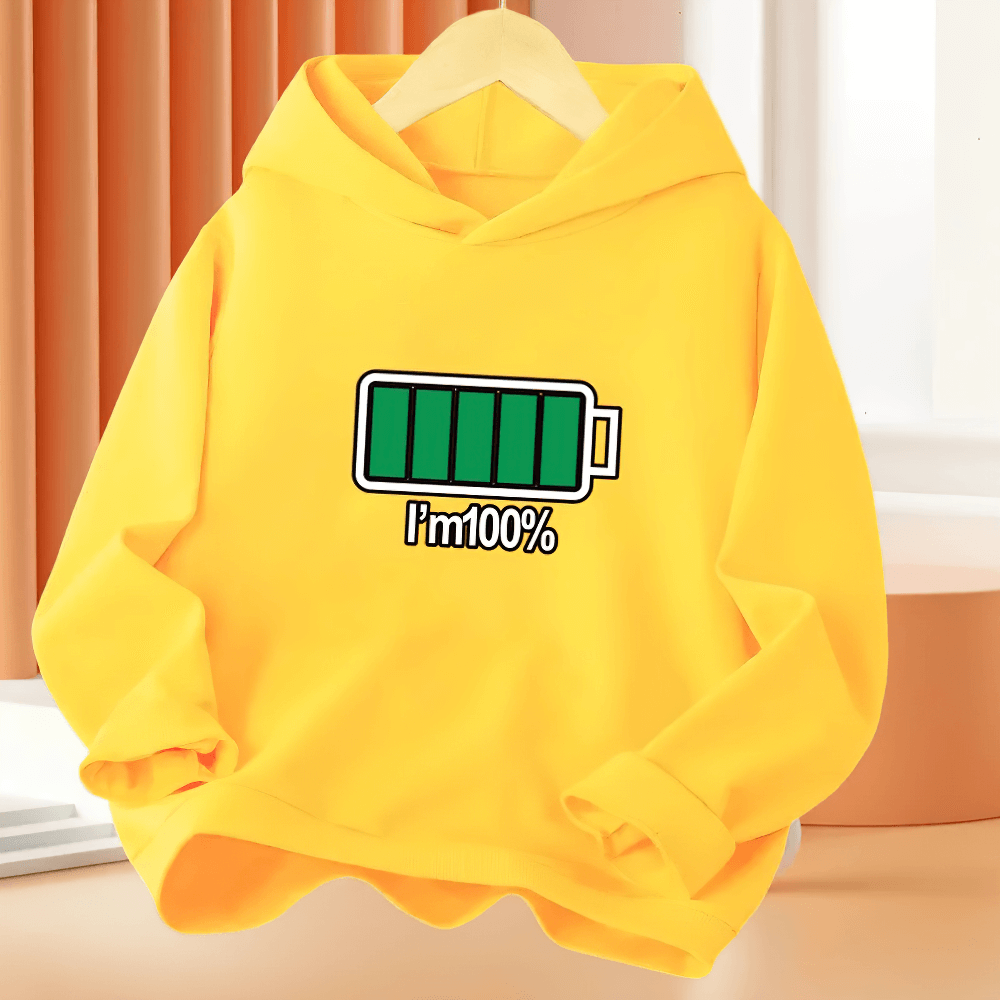 Bright yellow Kids' Fashion Hoodie With Full Battery Graphic - SF3816 featuring 'I’m 100%' text for fun, playful children's wear.