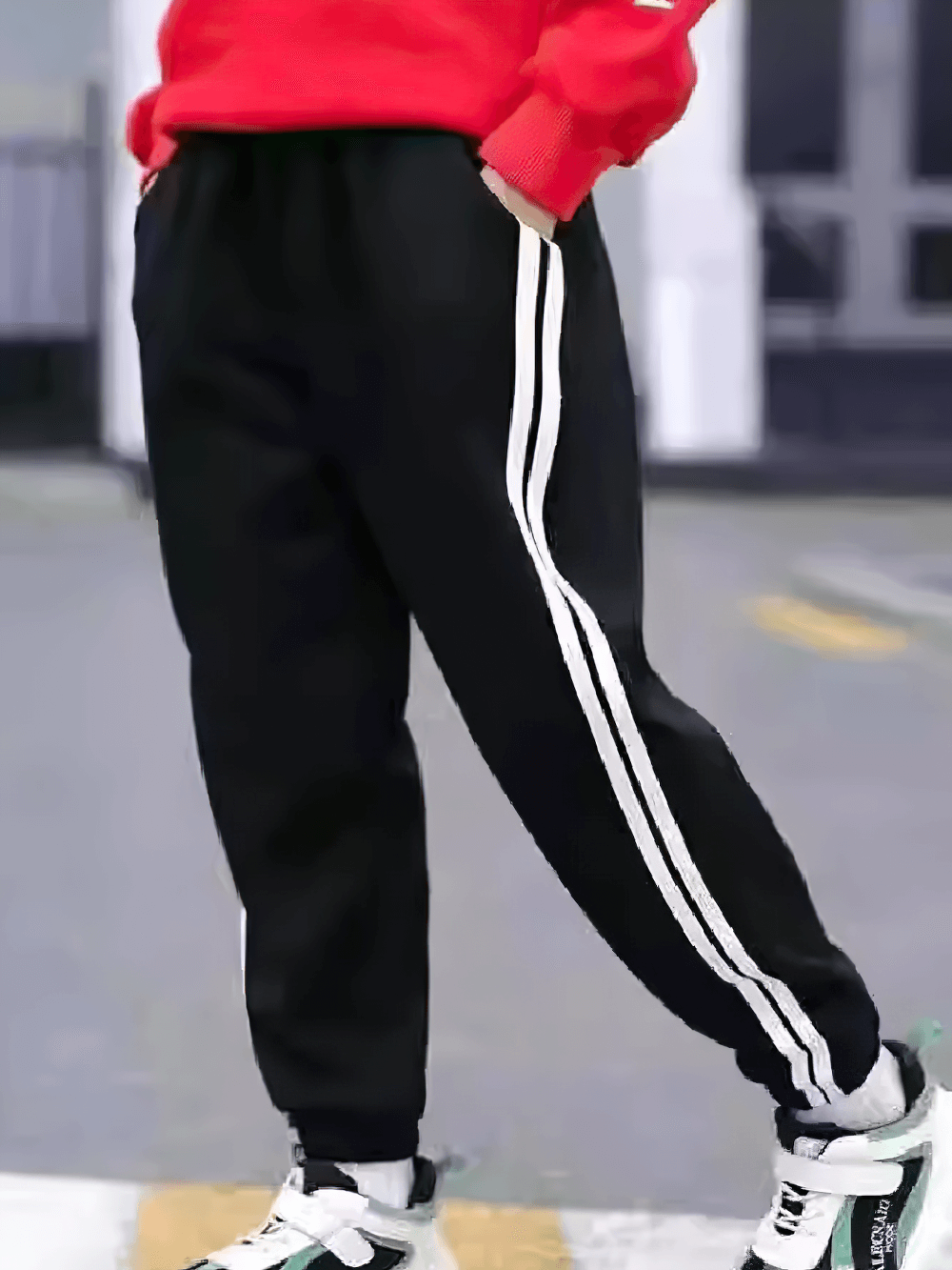 Kids Fleece Lined Striped Sports Jogger Pants - SF3810, black with white stripes, ideal for active winter play.