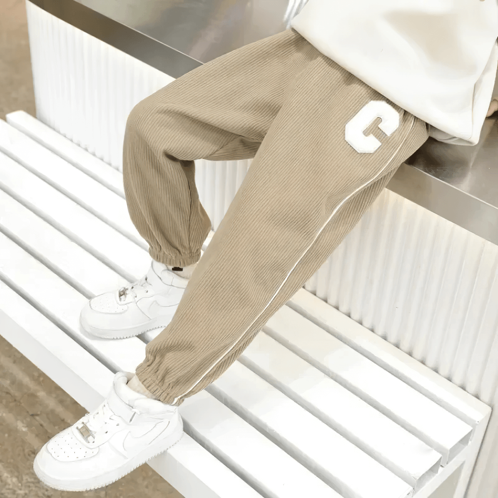 Kids Fleece-Lined Sweatpants with Side Stripe - SF3717 in tan, showcasing sporty design and elastic waist, perfect for warmth and comfort.