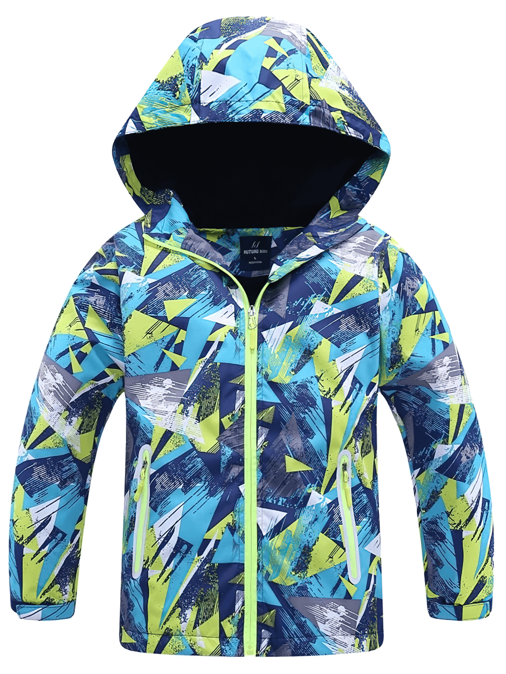 Vibrant Kids Fleece Lining Zip Up Hooded Rain Jacket - SF3604 with colorful patterns and practical pockets.