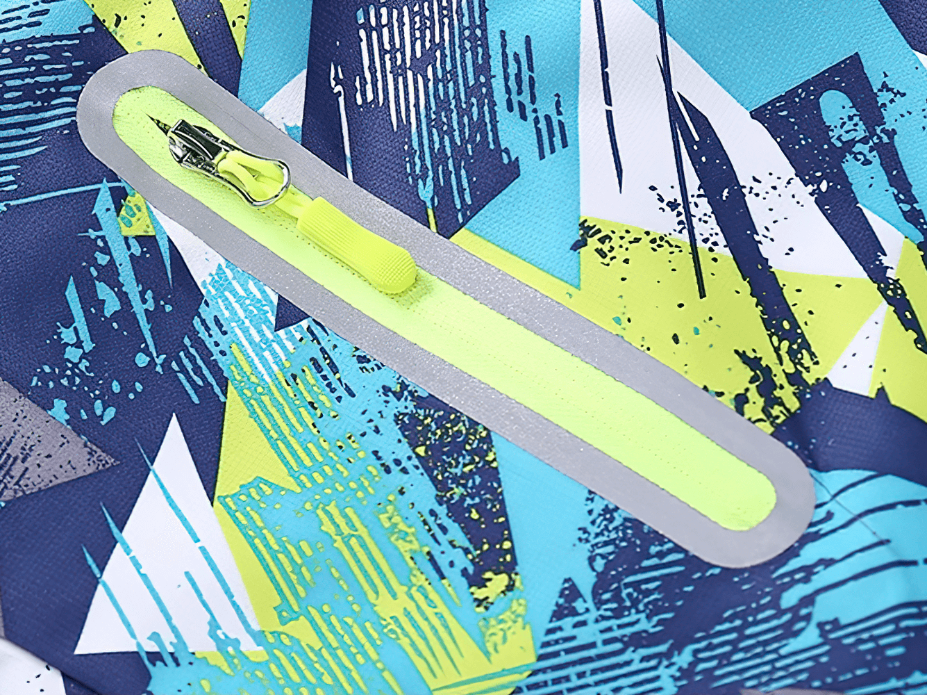 Close-up of colorful abstract pattern on Kids Fleece Lining Zip Up Hooded Rain Jacket - SF3604 with waterproof zipper detail