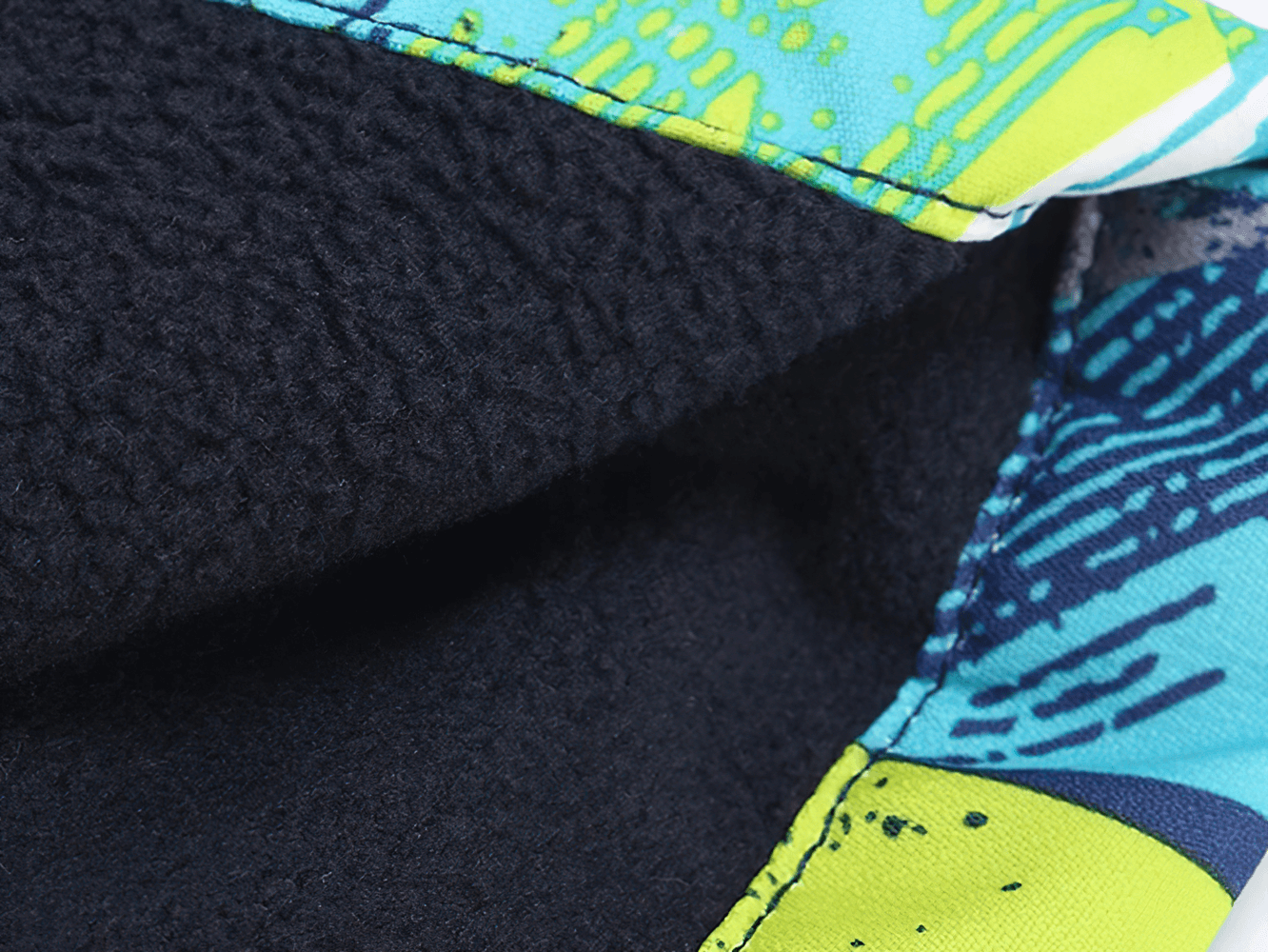 Close-up view of the fleece lining detail in the Kids Fleece Lining Zip Up Hooded Rain Jacket - SF3604, showcasing vibrant color block design.