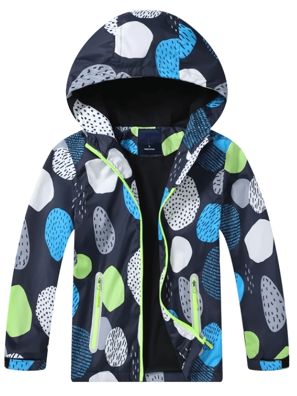 Kids Fleece Lining Zip Up Hooded Rain Jacket - SF3604 with colorful polka dots and practical pockets, perfect for rainy adventures.