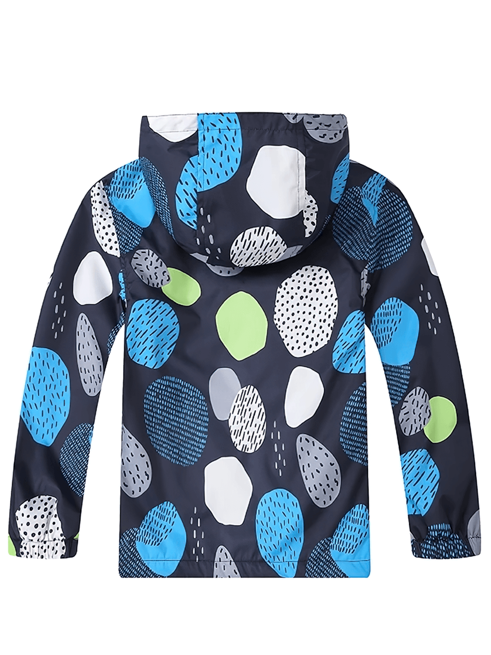 Kids Fleece Lining Zip Up Hooded Rain Jacket - SF3604 in vibrant color block pattern, perfect for keeping boys warm and dry outdoors, back view.