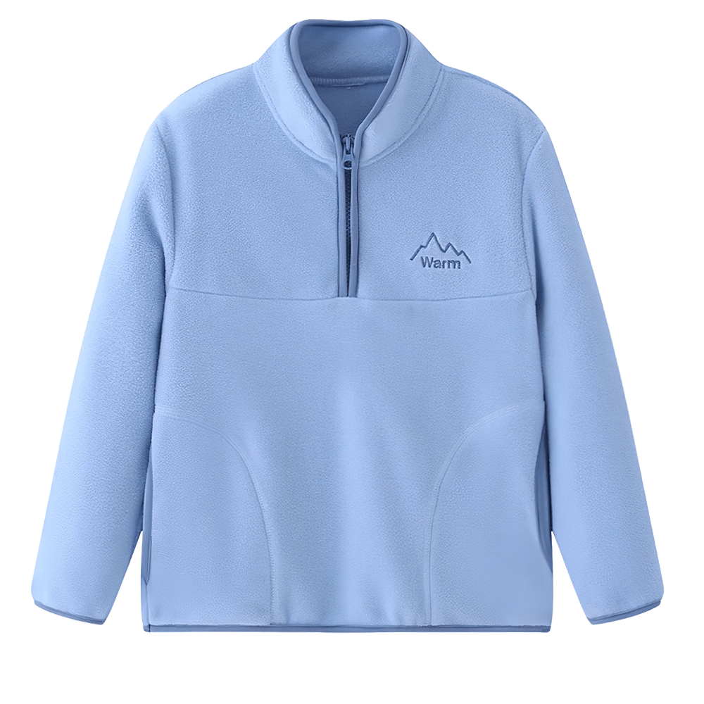Light blue Kids Fleece Sweatshirt with Half Zip Polckets - SF3578 featuring color block design and stand collar for cool weather adventures.