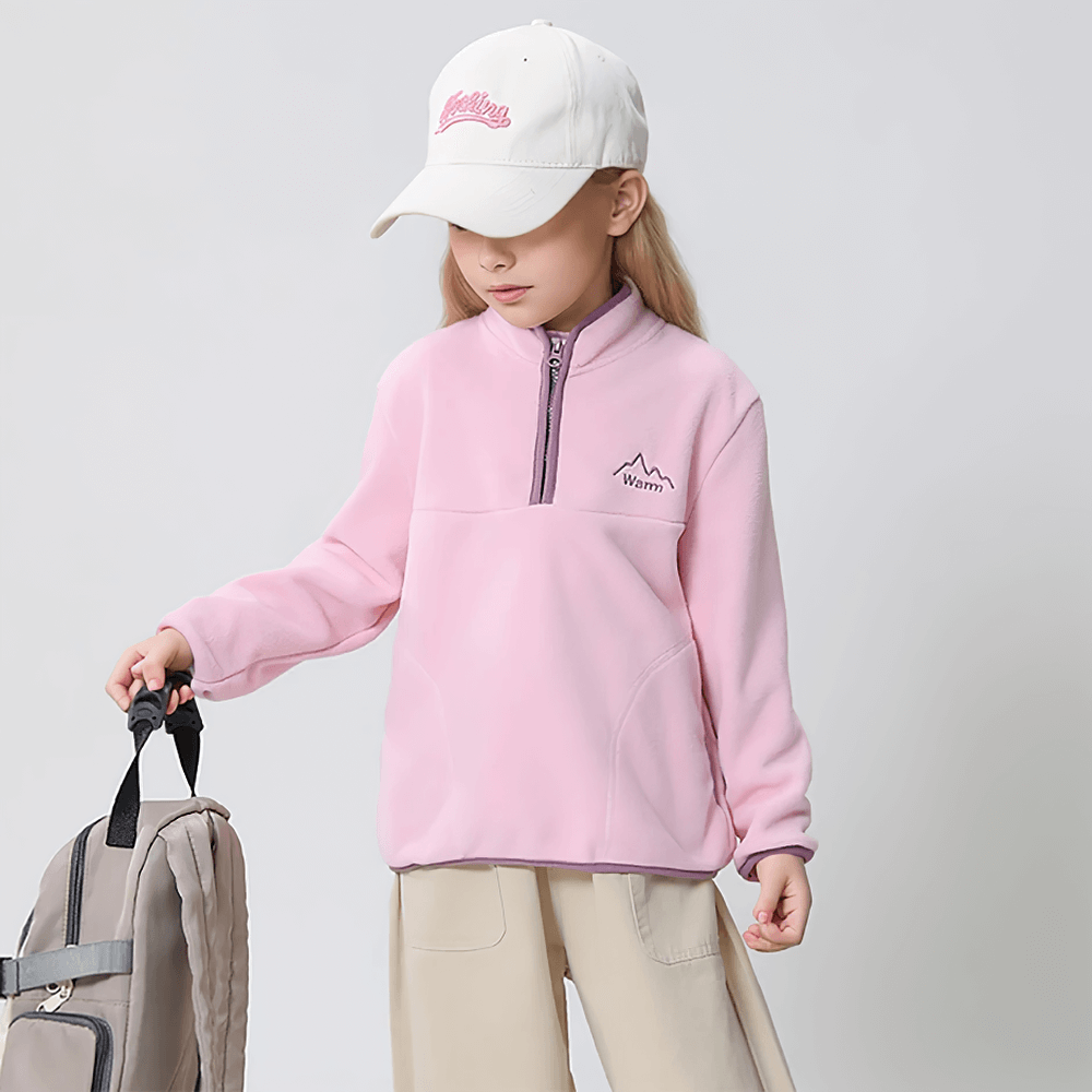 Child wearing Kids Fleece Sweatshirt with Half Zip Polckets - SF3578 in pink, holding backpack, perfect for outdoor adventures.