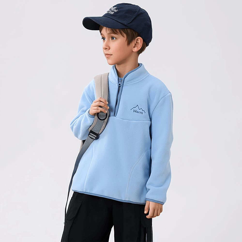 Kid wearing Kids Fleece Sweatshirt with Half Zip Polckets - SF3578, light blue, outdoor casual wear, color block style for boys and girls.