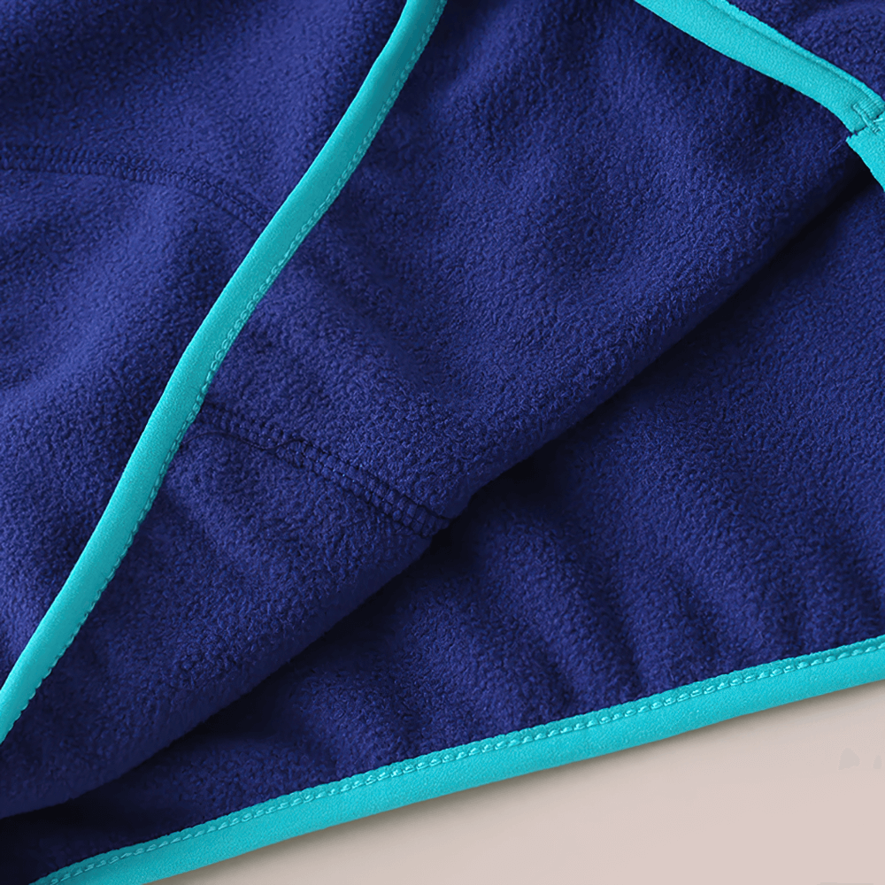 Close-up of Kids Fleece Sweatshirt with Half Zip Polckets - SF3578, showcasing blue and turquoise color block design, perfect for outdoor wear.