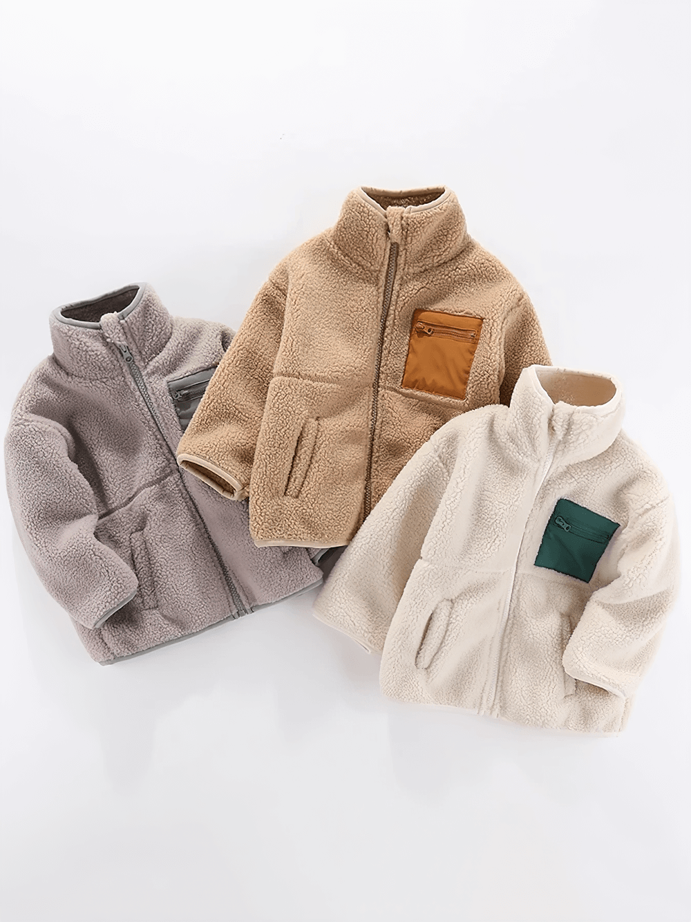 Three Kids Fleece Zip Jacket with Contrast Pocket Design - SF3509 in different colors, showcasing soft Sherpa exterior and zipper details.