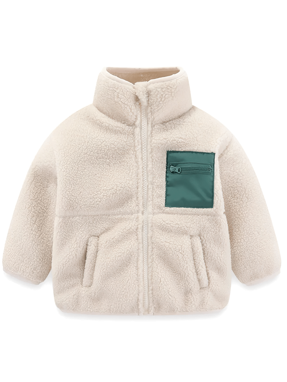 Kids Fleece Zip Jacket with Contrast Pocket Design - SF3509 in white sherpa fleecy fabric with green chest pocket, front view.