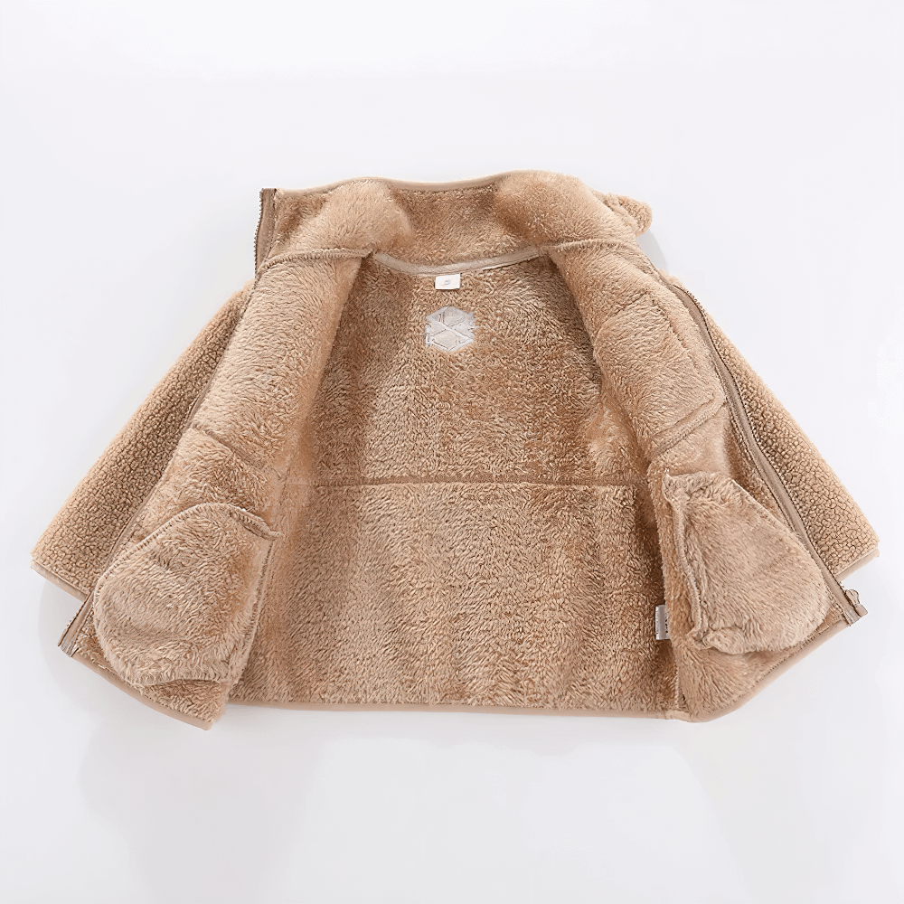 Open view of Kids Fleece Zip Jacket with Contrast Pocket Design - SF3509 showcasing soft sherpa fleece interior and stylish pocket.