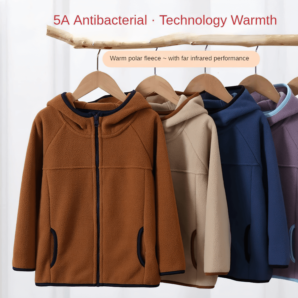 Kids Fleece Zip-Up Jacket with Contrast Trim - SF3828 in vibrant colors hanging on wooden hangers.