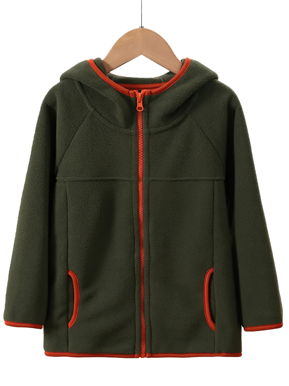 Olive green kids fleece zip-up jacket with contrast trim, product code SF3828, featuring cozy hood and orange accents.