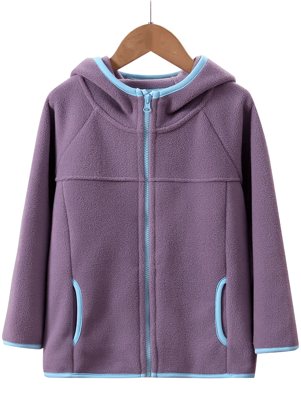 Kids Fleece Zip-Up Jacket with Contrast Trim - SF3828 in purple with blue trim on hanger