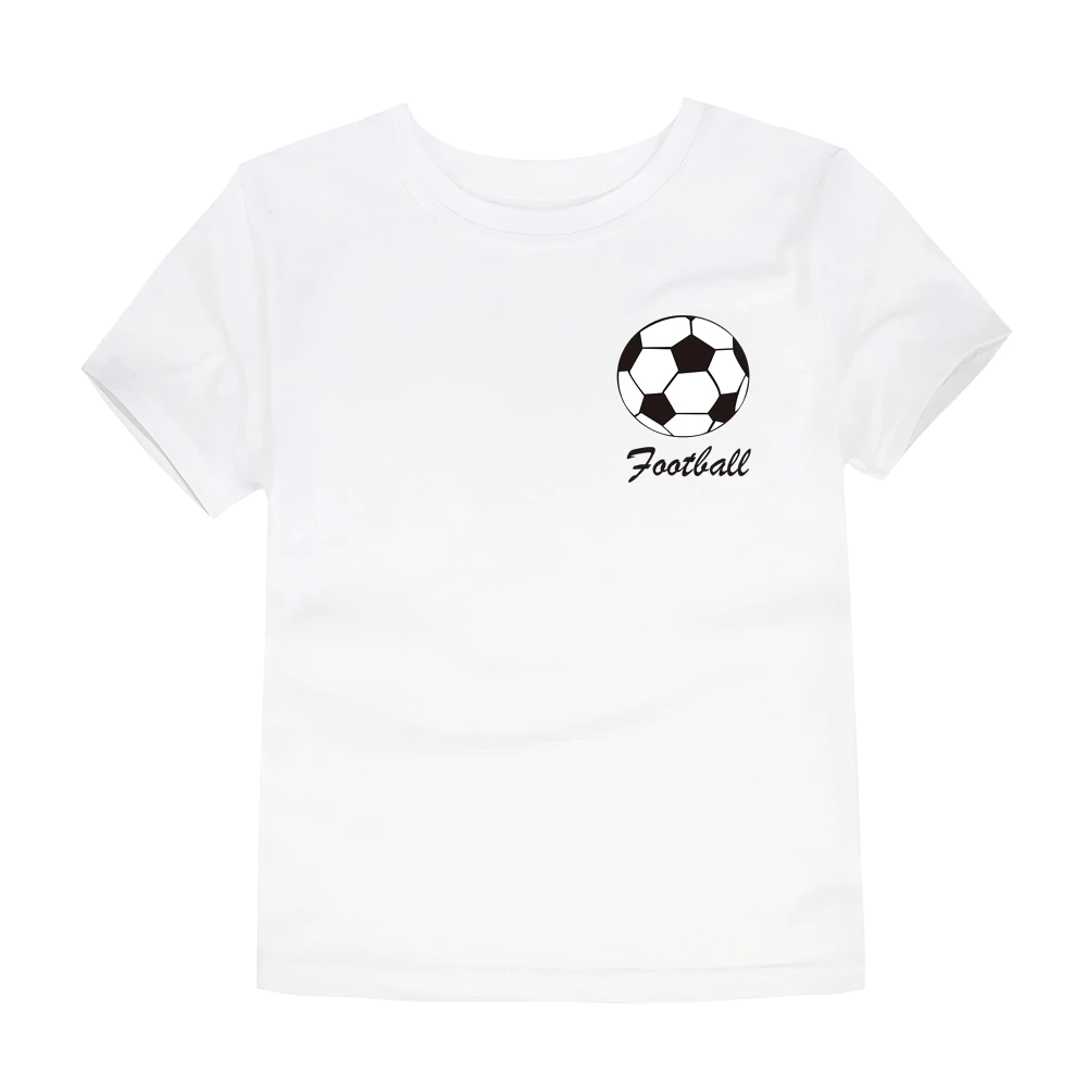 Kids cotton T-shirt with soccer ball print and 'Football' text, short sleeve, ideal for sports and play, white color, breathable.