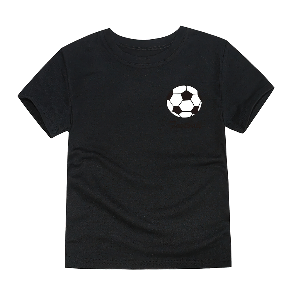 Black kids' short sleeve cotton T-shirt with soccer ball print, perfect for sports and everyday wear, SF3122.