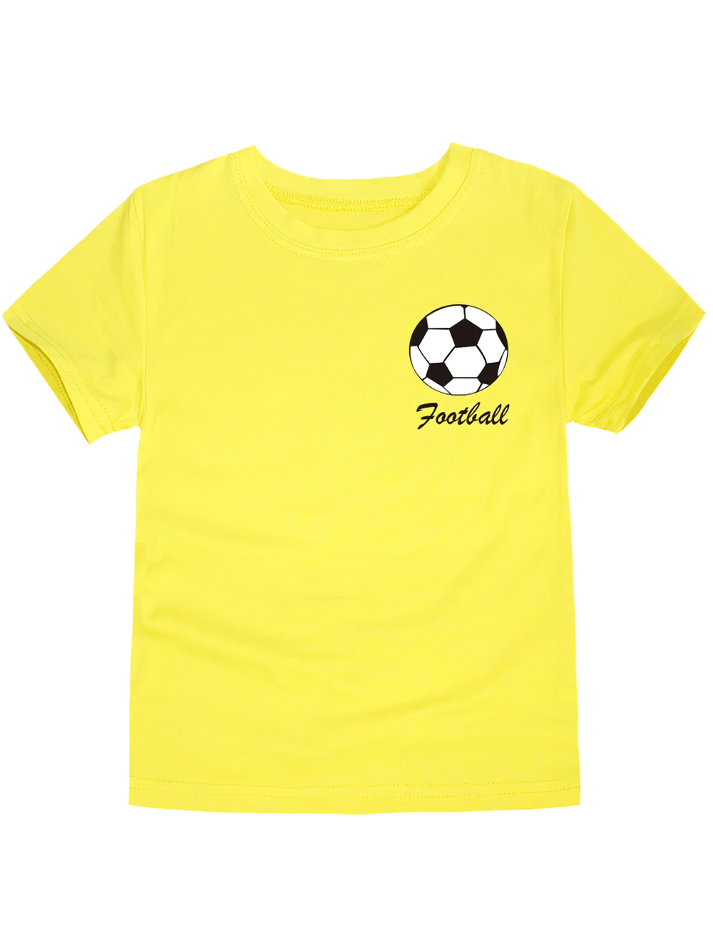 Kids yellow cotton T-shirt with soccer ball graphic and 'Football' text, short sleeves, sporty design ideal for young football fans.