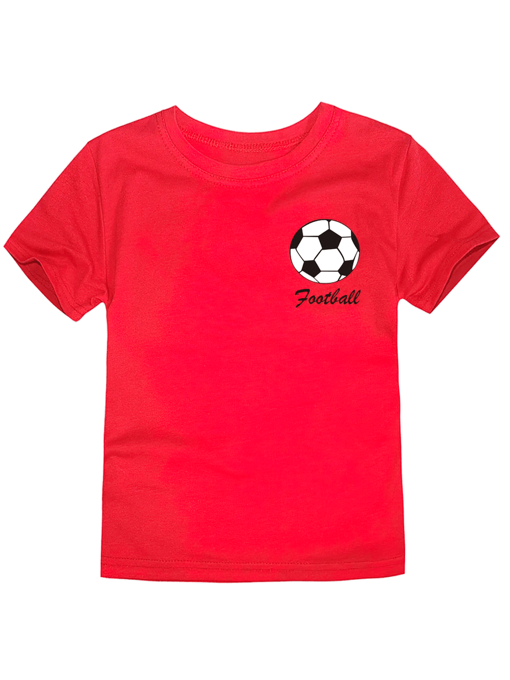 Kids red cotton T-shirt with soccer ball design and "Football" text, short sleeve, perfect for sports and play. SKU SF3122.