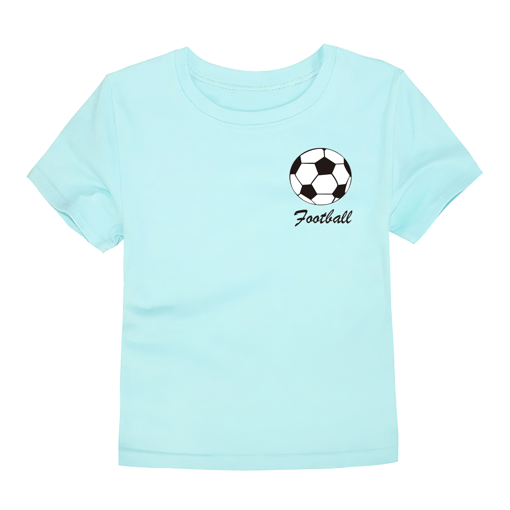Light blue kids' T-shirt with soccer ball and 'Football' print, short sleeves, perfect for play and sports.