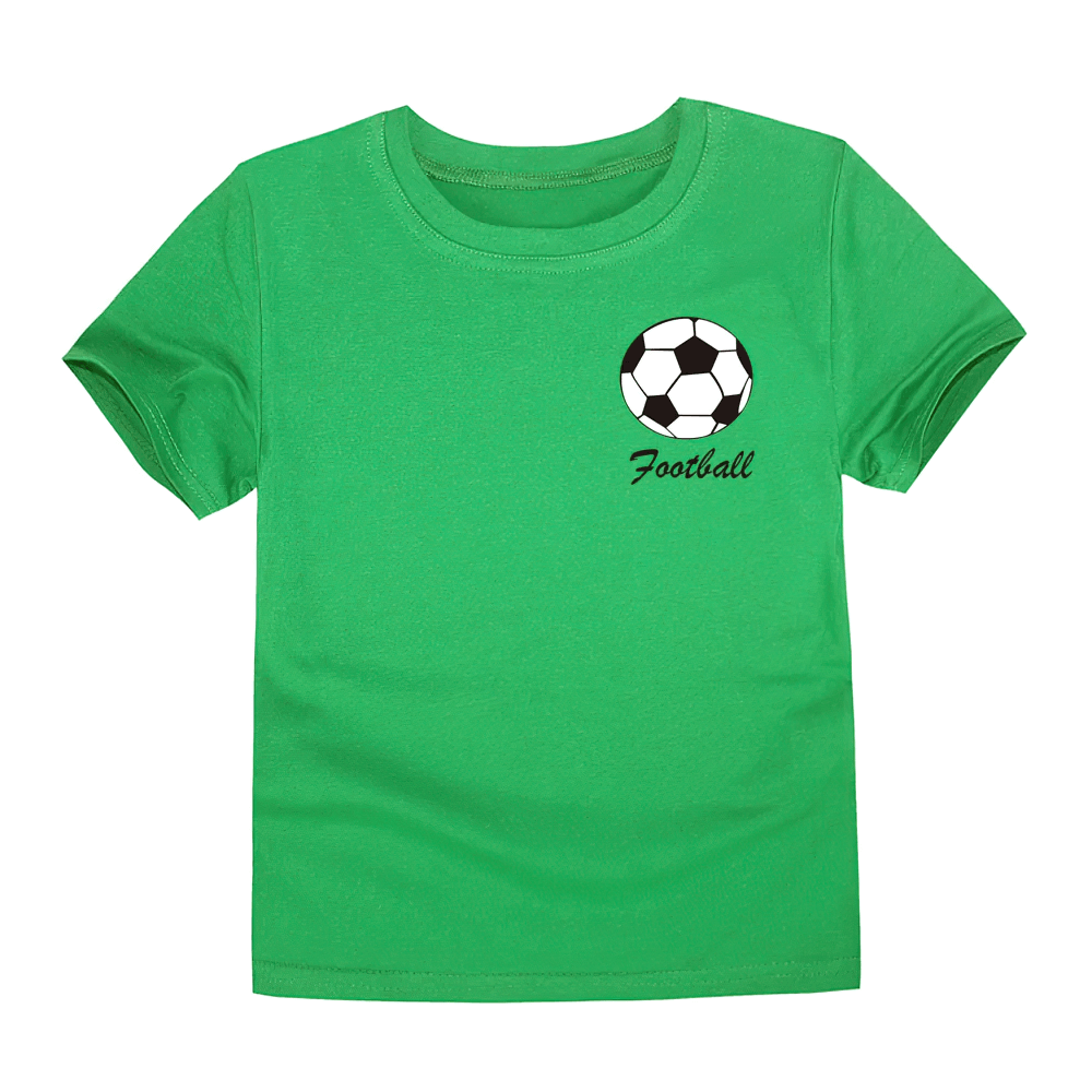 Green kids' cotton T-shirt with soccer ball graphic and 'Football' text, short sleeve for sporty activities.