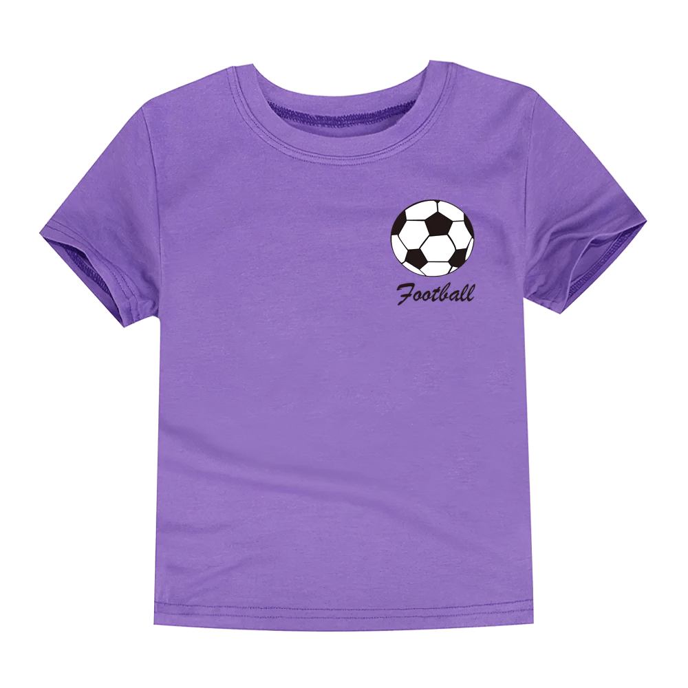 Purple kids football print cotton T-shirt with soccer ball graphic, short sleeve, ideal for play and sports. Model SF3122.