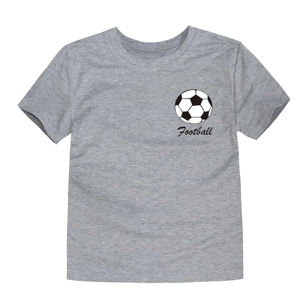 Grey kids' cotton T-shirt with soccer ball graphic and 'Football' text. Short sleeve sports tee ideal for play and everyday wear.